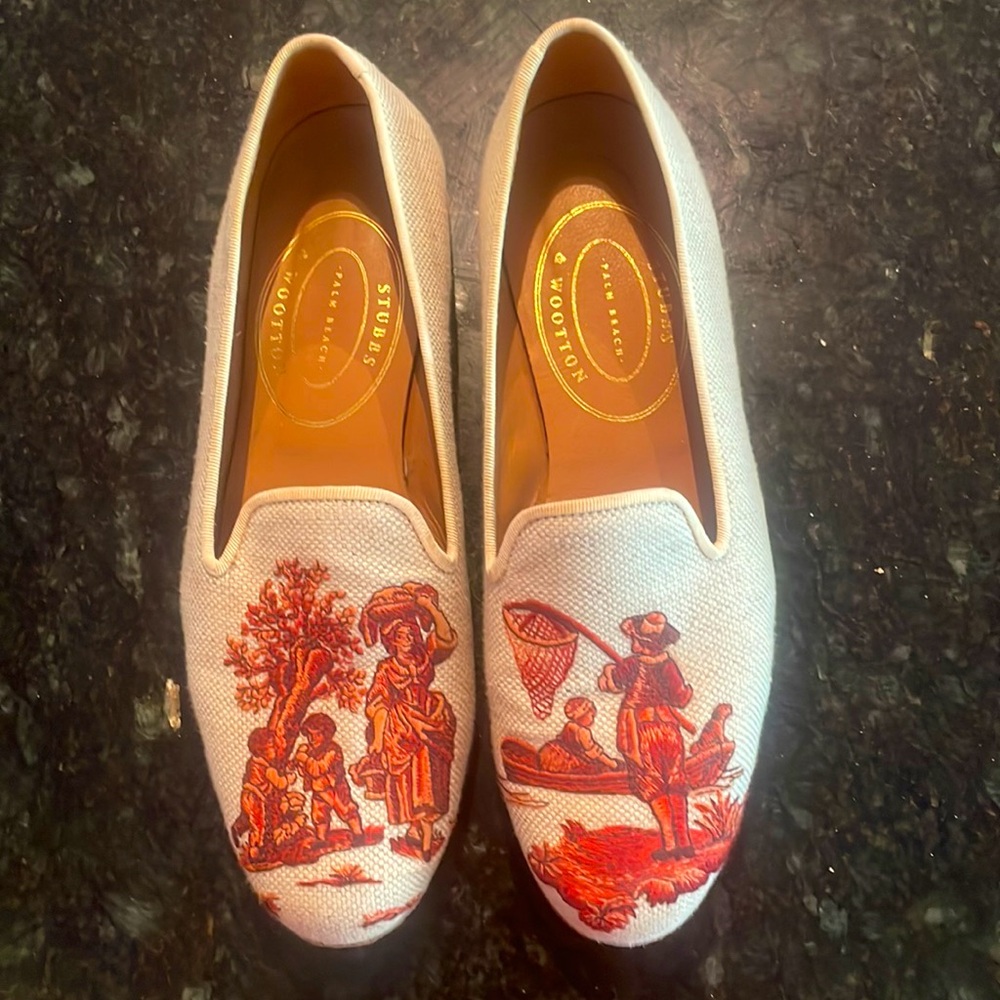 Stubbs & Wootton White Canvas Loafers with Red Orange Scenic Embroidery